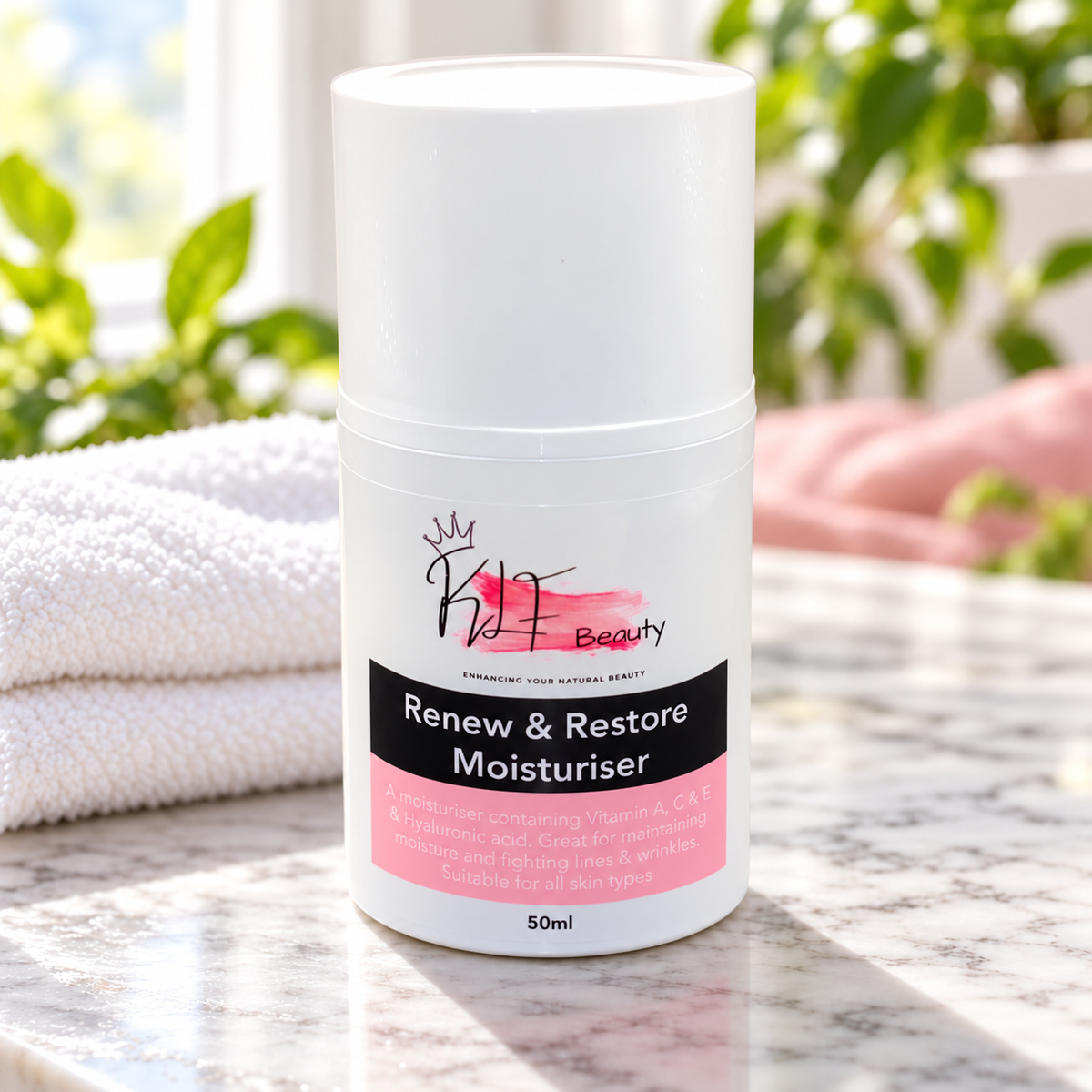 KLF Beauty Renew & Restore Moisturiser in a spa setting